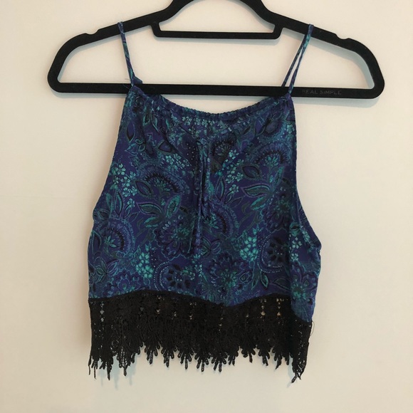 Blue back-tie crop top with Embroidered fringe - Picture 1 of 3